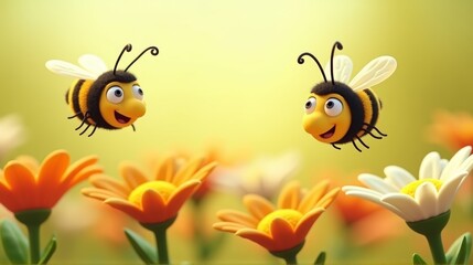 Two cheerful cartoon bees buzz joyfully above bright orange and white flowers, set against a warm, sunny background.
