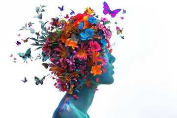 A silhouette of a woman s profile filled with colorful flowers and butterflies against a bright white background