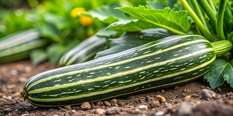 Long striped zucchini growing in the garden, zucchini, vegetable marrow, garden, organic, fresh, green, healthy, plant, growth
