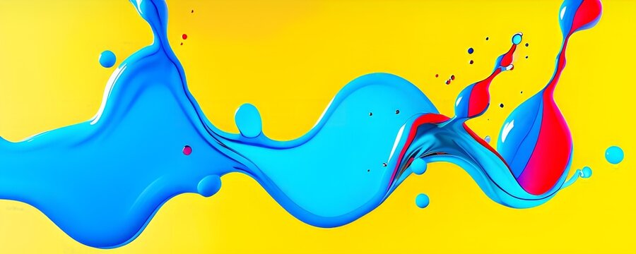 Abstract image with vibrant blue and red blobs and liquid shapes on a yellow background