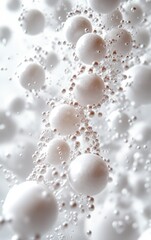 Abstract image depicting a cascade of white spheres and bubbles, creating a sense of depth and fluidity in a serene atmosphere.