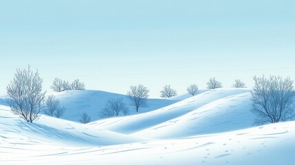 Fototapeta premium A serene winter landscape with snow-covered hills and bare trees under a clear blue sky.