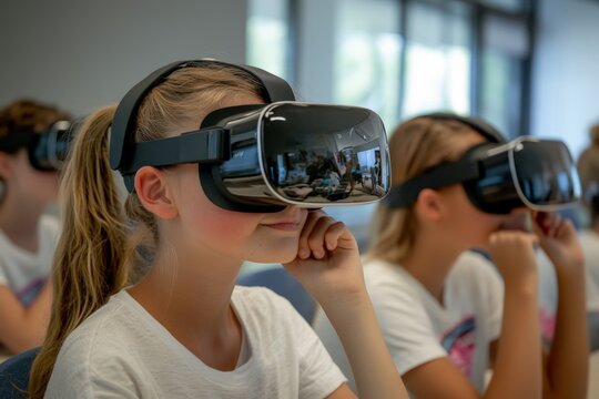 Teenagers using VR technology together during an interactive history lesson