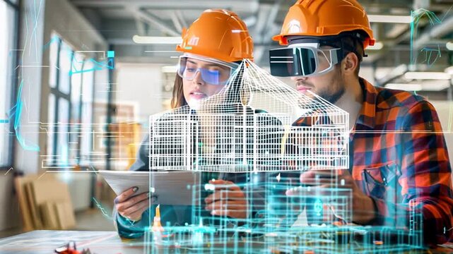 Architects use augmented reality software on tablet computers to visualize and plan construction projects. Detailed 3D models of the building are displayed in the holographic interface.