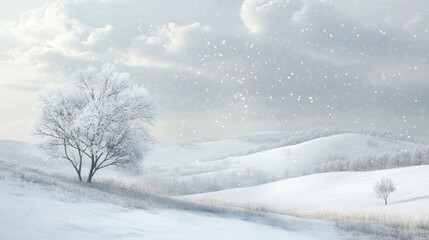 A serene winter landscape with snow-covered hills and bare trees under a cloudy sky.