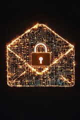 An encrypted email icon with an envelope made of digital circuitry, and a solid padlock overlaying it, representing secure communication. 
