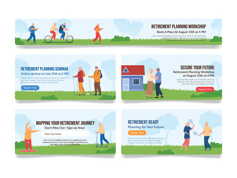 Banners for community retirement planning seminars that will feature a variety of themed events and sessions.