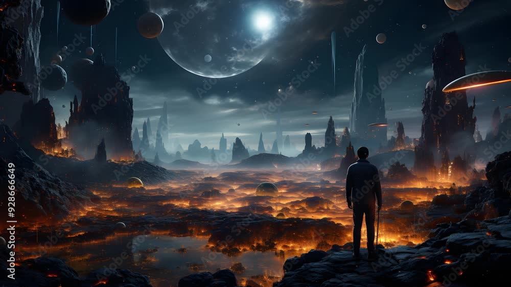 Poster a lone figure stands on a cliff overlooking a desolate, fiery landscape, with strange structures and