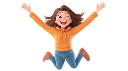 Joyful Cartoon Girl Jumping with Arms Raised