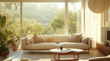 Cozy living room interior bathed in natural sunlight with plush furnishings, greenery, and a serene outdoor view