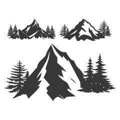 Obraz premium Mountains silhouettes on the white background. Vector set of outdoor design elements. Mountains vector illustration, silhouette, logo icon and line art