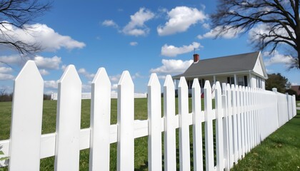 Quaint White Picket Fence Under a Bright Blue Sky