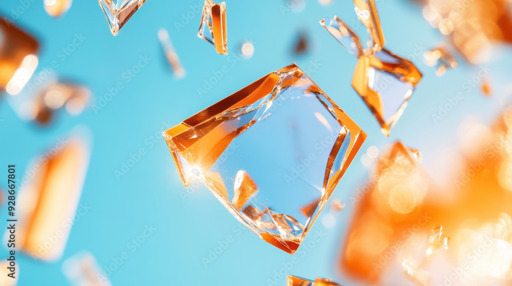 Poster abstract composition of floating glass shards reflecting light against a vibrant blue background, cr