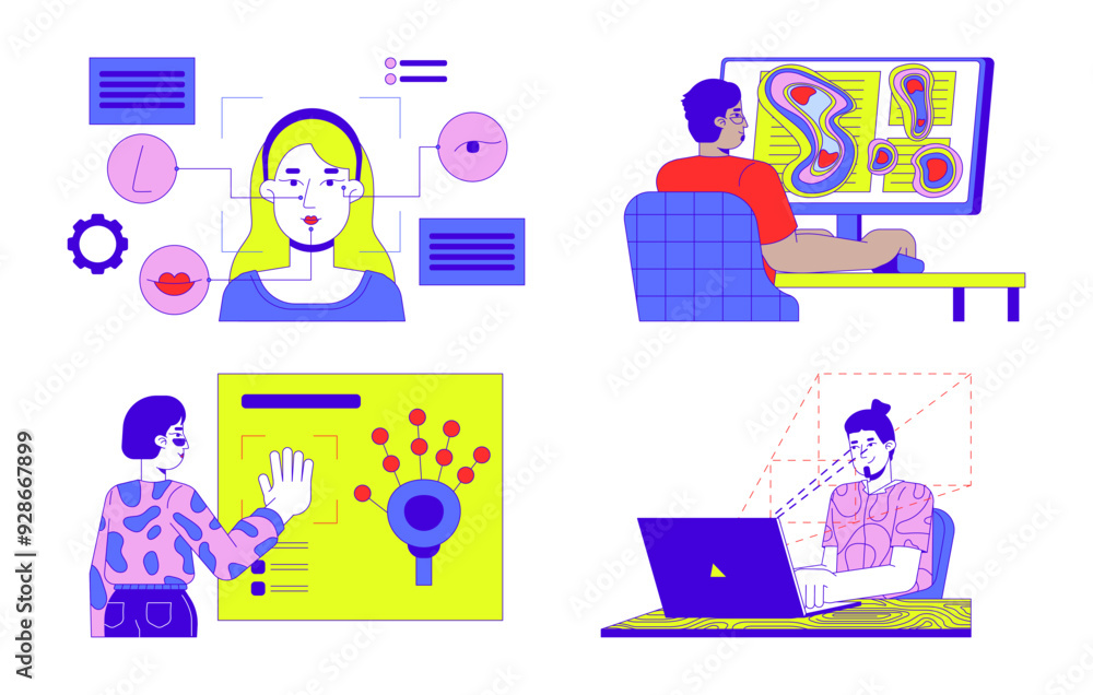 Poster eye tracking technology biometrics 2d illustration concepts set. diverse digital citizens cartoon ch