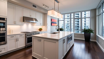 Stylish apartment interior with modern kitchen, Generative AI