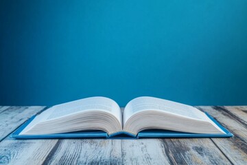 Gateway to Knowledge: An Open Book on a Wooden Desk with a Blue Gradient Background, Symbolizing the Boundless Realm of Learning and Enlightenment.