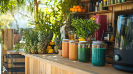 Freshly made smoothies and juices displayed on a wooden counter surrounded by vibrant green plants and fruits