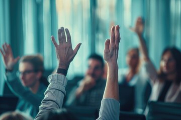 A group of people celebrating together, hands raised in the air