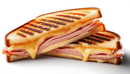 cut cheese ham toasted panini grill marks white background