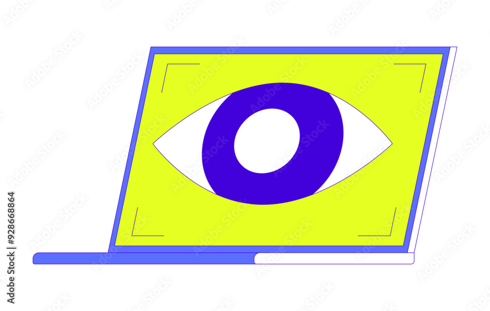 Poster laptop eye tracking 2d cartoon object. monitoring surveillance notebook isolated flat vector element