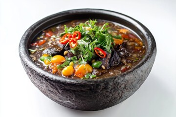 Pasuruan Black Soup, East Java, is similar to other East Javanese rawon but may include unique local spices and ingredients, giving it a distinct flavor. isolated on white background