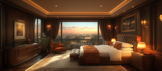 Generative AI, Luxurious Bedroom with a Stunning City Night View