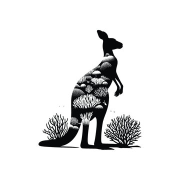 recommend clip art: silhouette of Kangaroo filled with underwater view with coral in rough drawing,