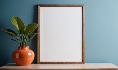 A white framed picture sits on a shelf next to a vase