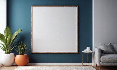 A large white framed picture hangs on a blue wall