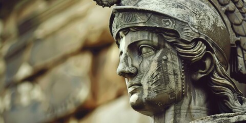 A detailed close-up of a statue depicting a warrior figure, showcasing intricate craftsmanship and historical significance.