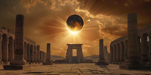 A dramatic sunset over ancient ruins, with the Earth illuminated against a backdrop of clouds and columns, evoking a sense of wonder.
