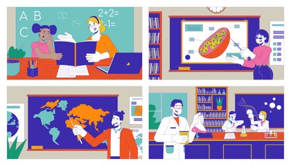 School personnel at work cartoon flat illustration set. Teachers conducting lessons to students 2D characters colorful background. Education process scenes vector storytelling images bundle