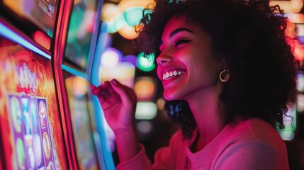 A Woman Playing a Slot Machine in a Casino with Bright Lights