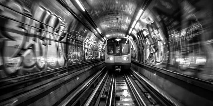 A dynamic view of a subway train emerging from a graffiti-covered tunnel in black and white, capturing urban transportation energy. - Powered by Adobe