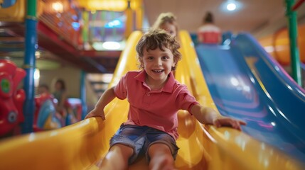 Little children enjoying game on slide at indoor playground area
