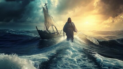 Jesus walks on water across the sea towards a boat during a storm. Biblical theme concept.
