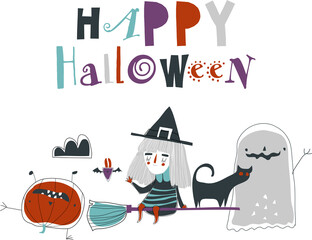 Cartoon cute halloween monsters on white background