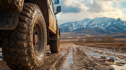 A close-up view of a muddy off-road vehicle tire on a rugged landscape with snow-capped mountains, ideal for adventure, travel, and outdoor experience themes,