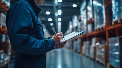 Person in a blue uniform holding a clipboard and pen checks inventory in a well-organized warehouse, Ideal for illustrating logistics, supply chain, manufacturing, inventory management