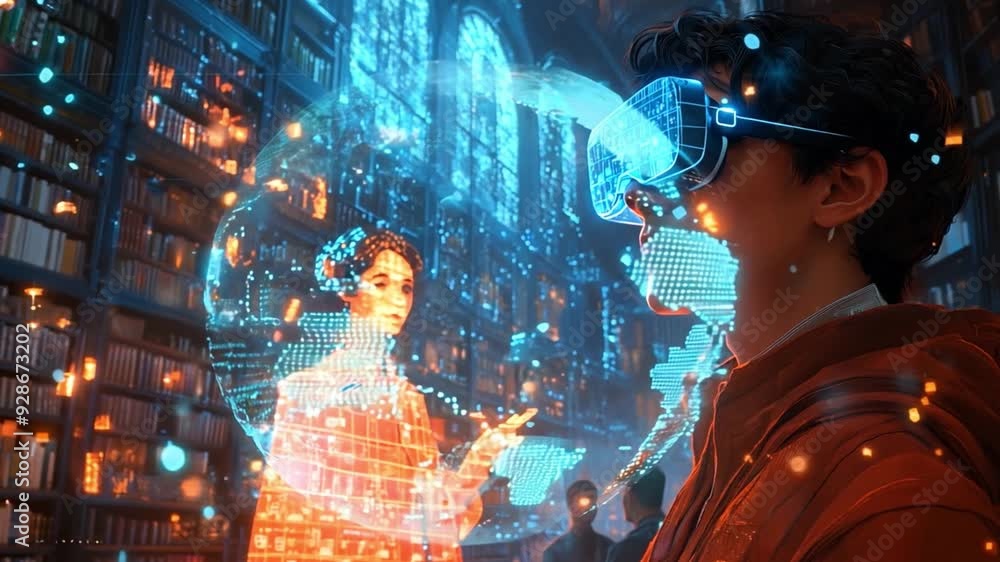 Aufkleber a person engages with a virtual hologram in a high-tech library filled with glowing digital data.