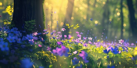 A serene forest scene filled with colorful flowers illuminated by gentle sunlight, perfect for nature and tranquility themes.