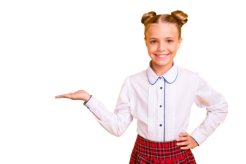 Portrait of her she nice-looking attractive well-groomed lovely cheerful cheery confident content pre-teen girl in white shirt holding object advert ad isolated on bright vivid shine yellow background