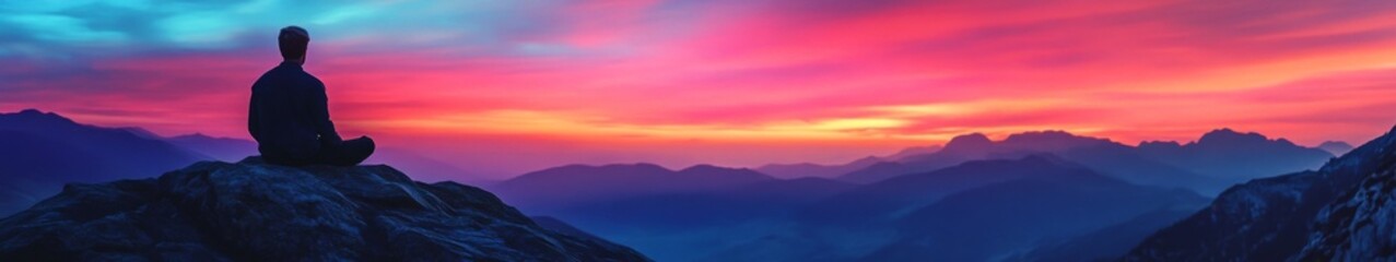 Obraz premium Serenity at Twilight: A Solitary Figure on a Mountain Summit, Contemplating the Majestic Vista with a Canvas of Vibrant Skies, Ideal for Travel and Leisure Posters and 4K Wallpapers.