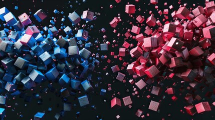 A tranquil Cinema 4D style render featuring two groups of cubic particles, one blue and the other red