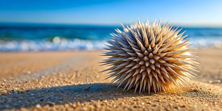 Close-up photo of a spiky sea urchin shell on a sandy beach, sea urchin, underwater, marine life, ocean, shell, beach
