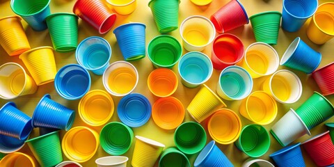 A Colorful Array of Plastic Cups on a Yellow Background, Top View Composition, Overhead Perspective, Bright Colors, Plastic Cups, Yellow Background, Party
