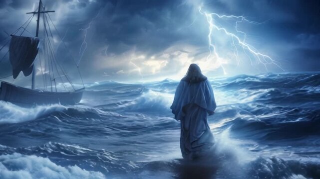 Jesus walks on water across the sea towards a boat during a storm. Biblical theme concept.