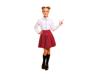 Full length body size view portrait of nice-looking attractive lovely cheerful cheery confident pre-teen girl in white shirt pointing aside advert ad isolated on bright vivid shine yellow background
