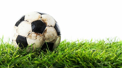 Obraz premium Worn soccer ball on green grass