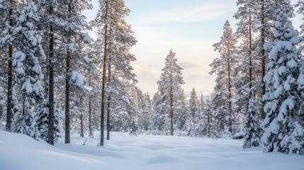 Fototapeta premium A serene winter landscape with snow-covered trees and a tranquil atmosphere.